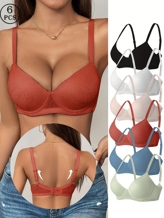 6pcs Solid Jacquard Underwire Push Up Bra - Women's Comfy, Breathable Lingerie with Adjustable Straps