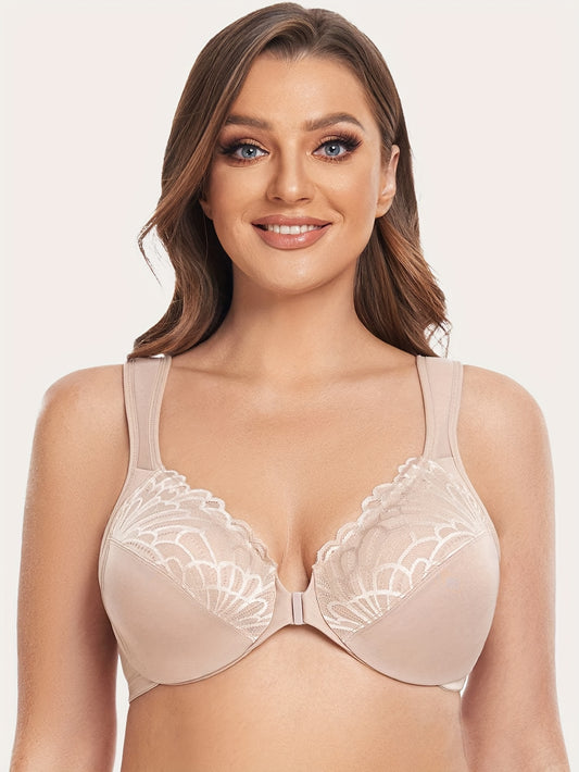 Sujetador de cobertura completa con aros, cierre frontal y elegante encaje en contraste para mujer, talla grande