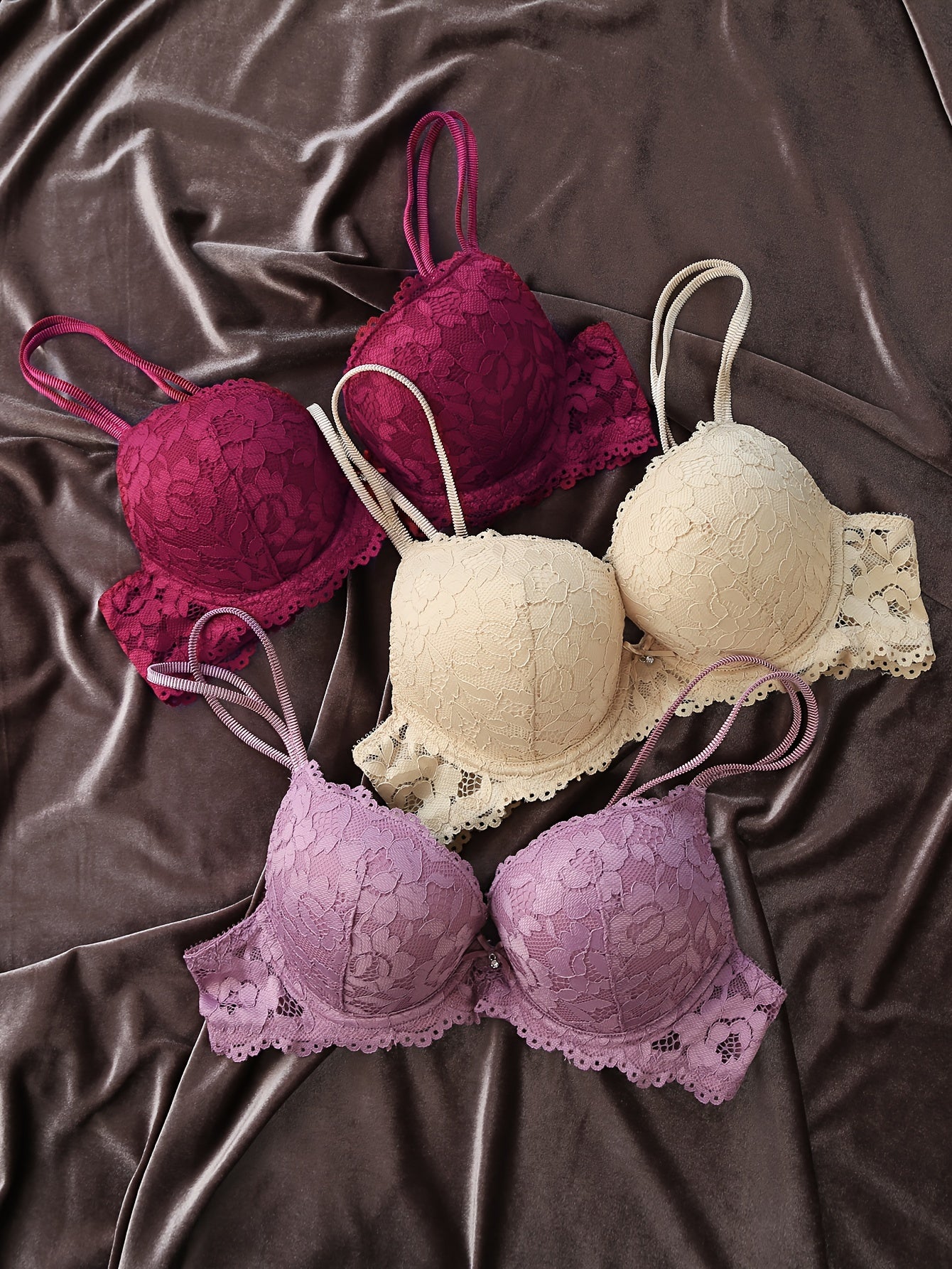 3pcs Comfy Chic Lace Push Up Bras - Women's Lingerie with Breathable Fabric, Soft Padded Cups & Adjustable Straps