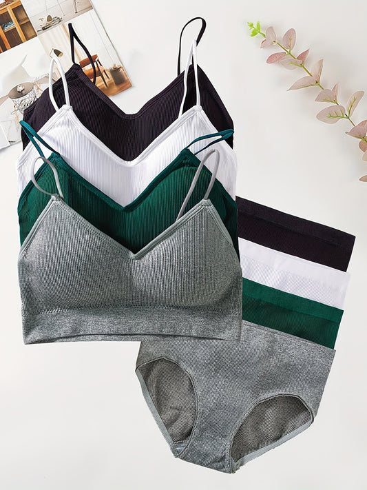 4 Sets Women's Solid Seamless Bra & Panties Lingerie Set - Simple & Comfy
