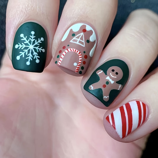 24pcs Luxurious Matte Short Square Press On Nails - Easy-to-Apply, Christmas-Themed with Gingerbread and Snowflake Designs - Vibrant Red and Green Colors, Perfect for Women and Girls, X-mas Nails
