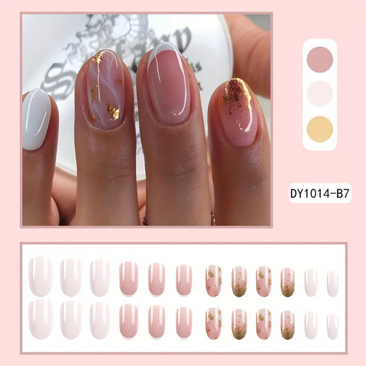 24Pcs/Set Glossy Medium Oval Pinkish French Style Golden Glitter Reusable Press On Nails For Women