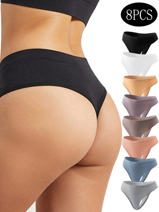 8pcs Women's Plus Size Sexy Panties Set - Seamless Solid Mid Waist Breathable Thongs