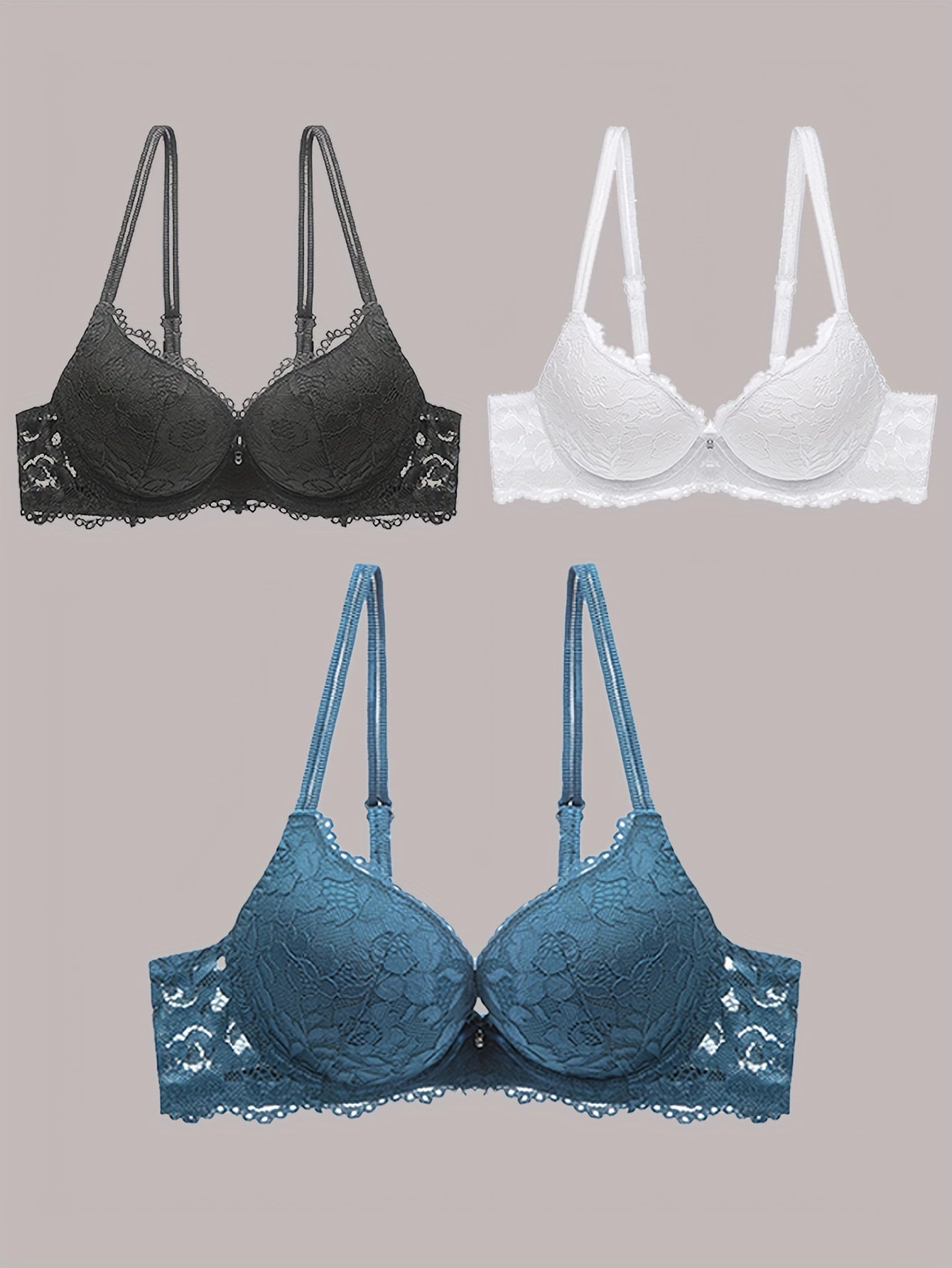 3pcs Comfy Chic Lace Push Up Bras - Women's Lingerie with Breathable Fabric, Soft Padded Cups & Adjustable Straps
