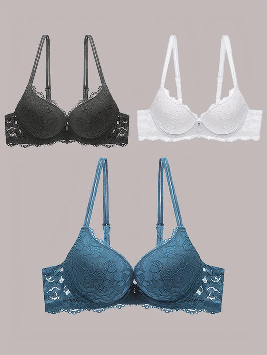 3pcs Comfy Chic Lace Push Up Bras - Women's Lingerie with Breathable Fabric, Soft Padded Cups & Adjustable Straps