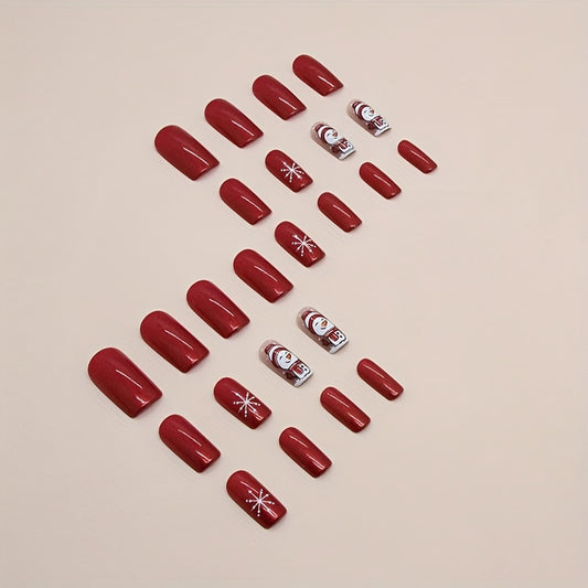 Holiday-Themed Red Glossy Press-On Nails 24pcs Set, Long Square Shaped with Snowman & Snowflake Design, Removable Stick-On Artificial Nail Kit with Jelly Glue & Nail File