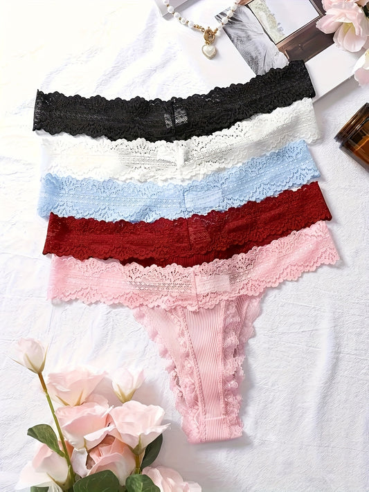 5pcs Women's Comfortable Breathable Lace Thong Underwear - Soft Seamless with Bow Detail, 5 Colors