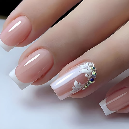 4 Sets of 96 Pcs Reusable Medium Square Pink & White French Style Press-On Nails with Rhinestones - Long-Lasting, Comfortable