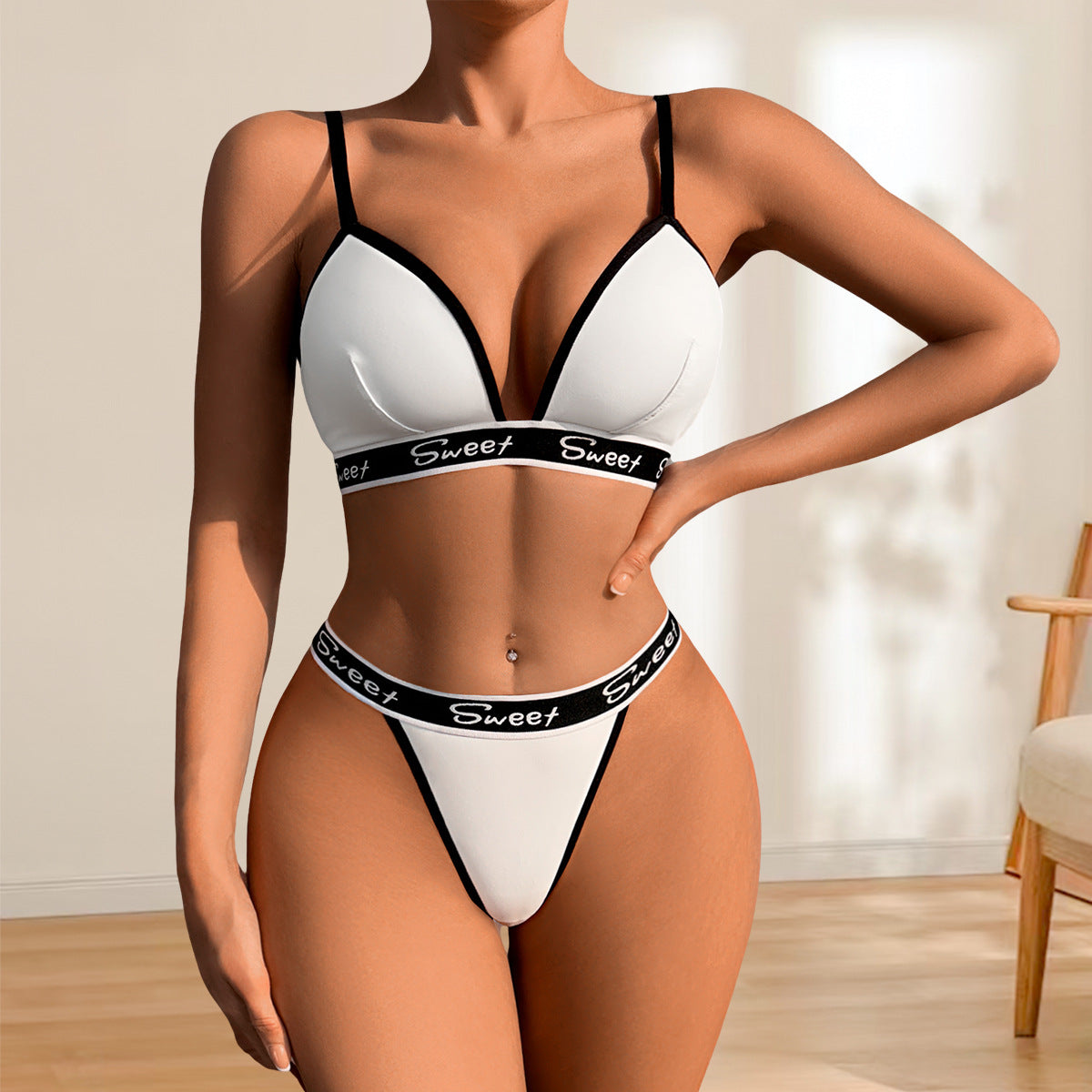 Sport Bra & Thong Set: Cotton Lined, 3/4 Cup, Light Sports Style