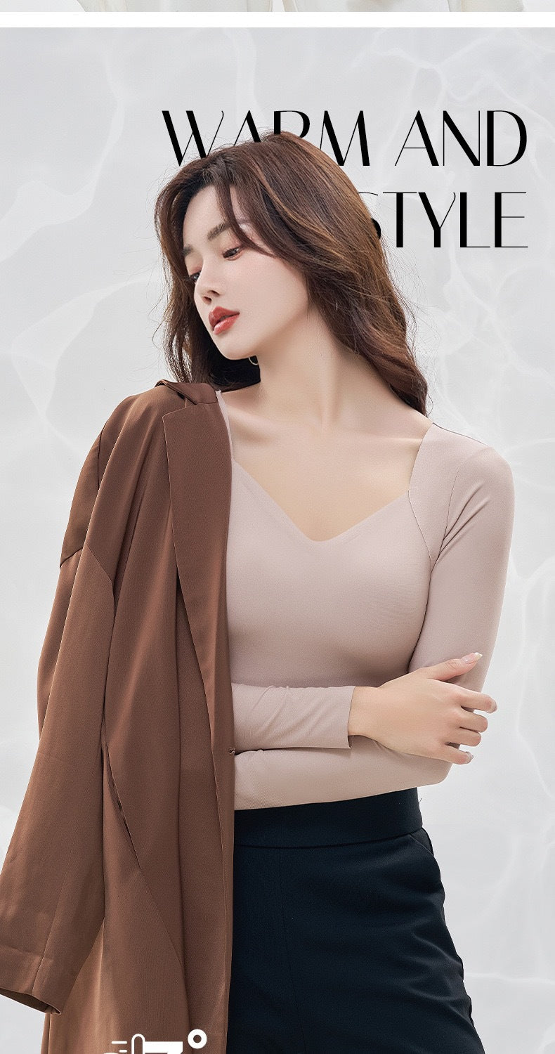 Women's Seamless Skin-Tone Thermal Top with Built-in Bra, Ultra-Thin Low Round Neck