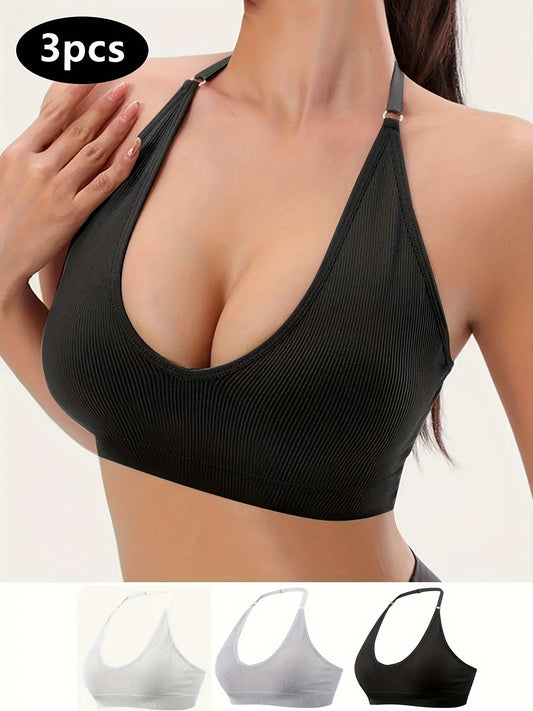 Women's 3-Pack Everyday Sports Bras - Nylon Blend, Removable Padding, Wireless, Medium Support