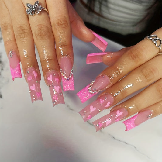 4-Pack (96 Pcs) Pink Love Heart Pattern French Style Press On Nails with Rhinestones for Women (Blue/Pink)