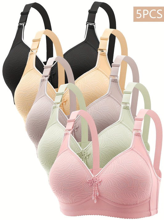 5-Pack Wireless Bras for Women - Adjustable Straps, Lace Trim, No Underwire, Assorted Colors