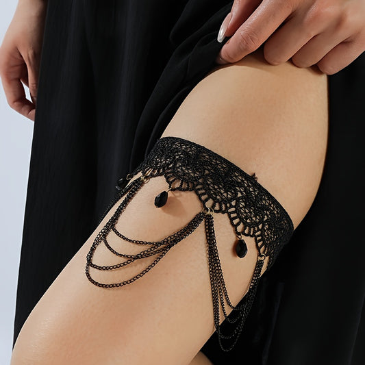 1pc Black Lace Garter Thigh Chain - Fashionable Adjustable Wedding Bridal Leg Ring, Sexy Garter Belt Accessory