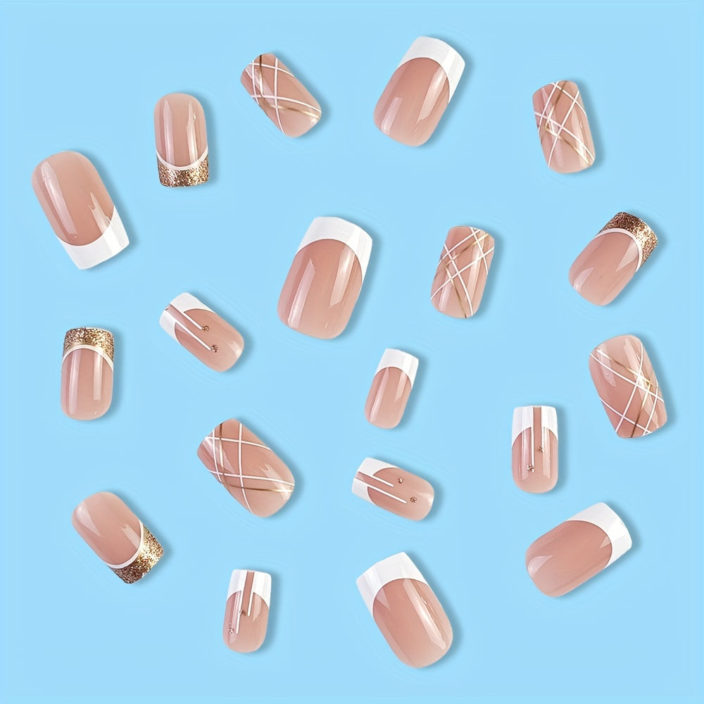 24pcs White French Tip Press On Nails - Square, Glossy, with White & Golden Line Design for Women & Girls