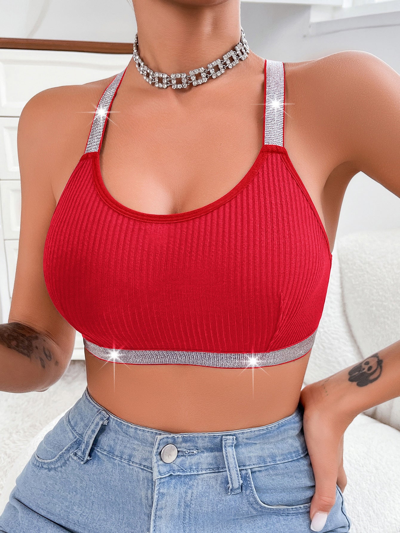 Women's Y-Back Push-Up Bra: Side Support, Outerwear Style with Silver Ribbon