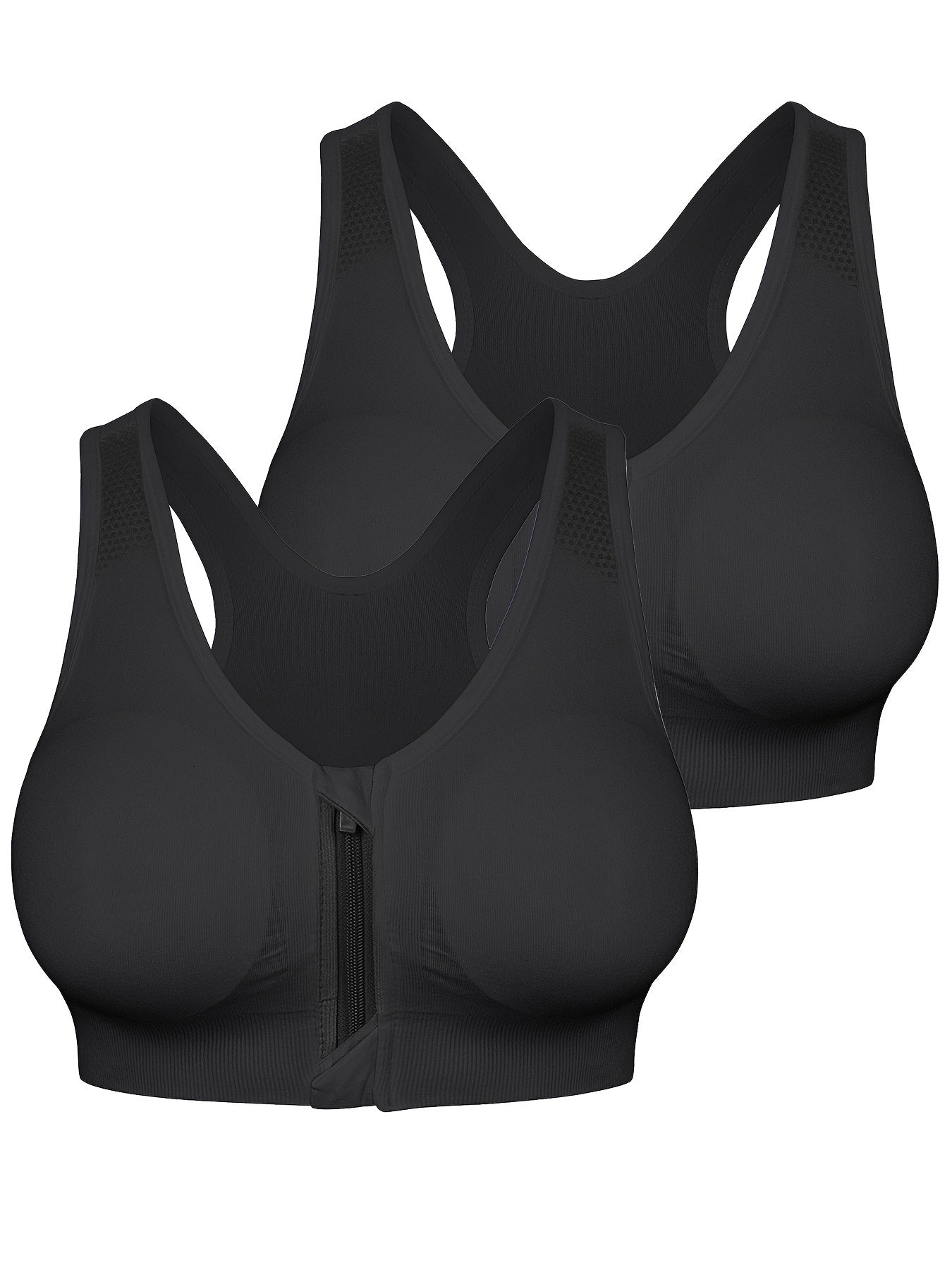 2PC Aagroste Women’s Zip Front Closure Sports Bra – seamless, wirefree, padded racerback