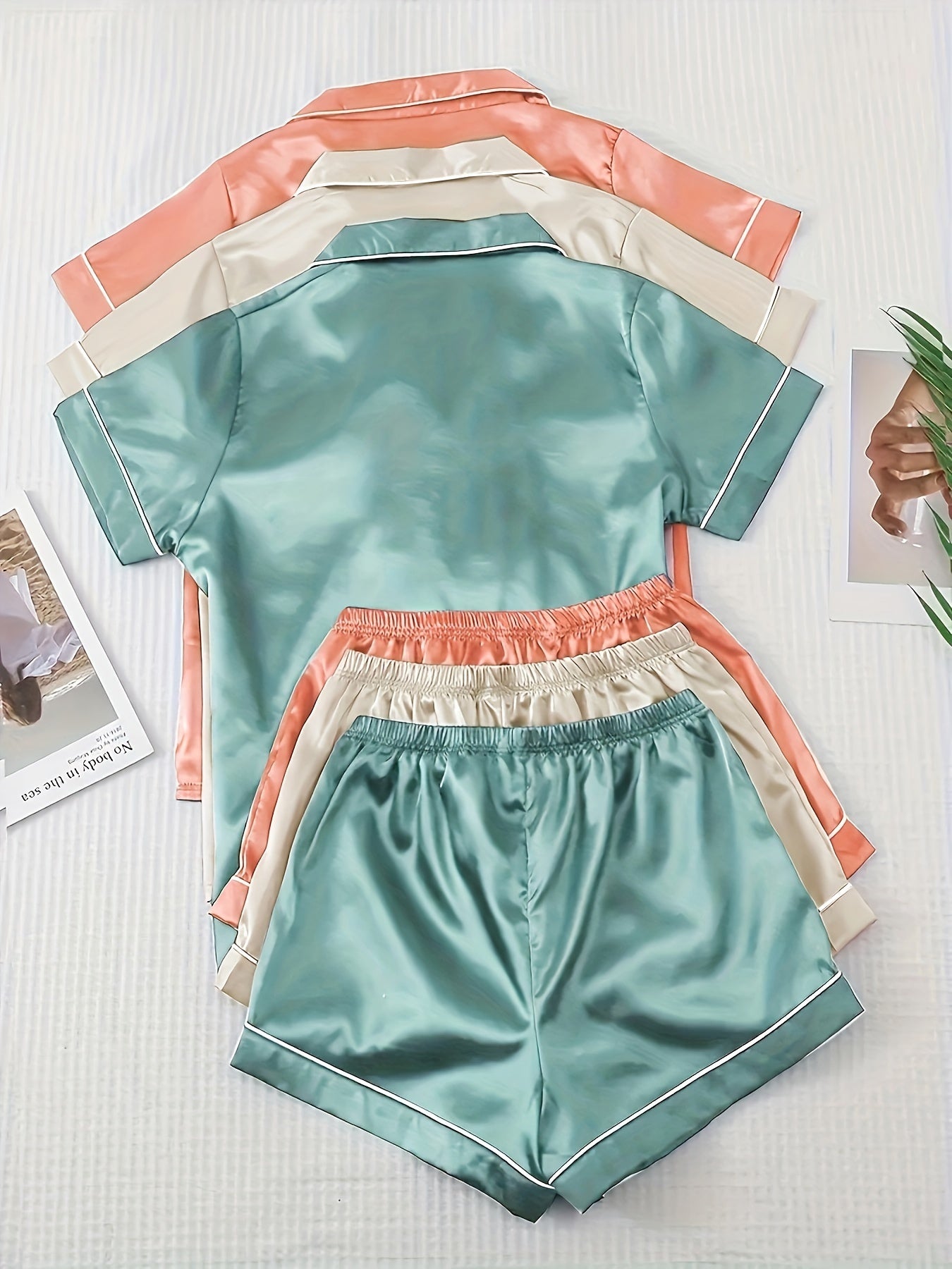3 Sets Satin Pajamas Set, Short Sleeve Lapel Buttons Top & Bow Shorts, Women's Sleepwear & Loungewear