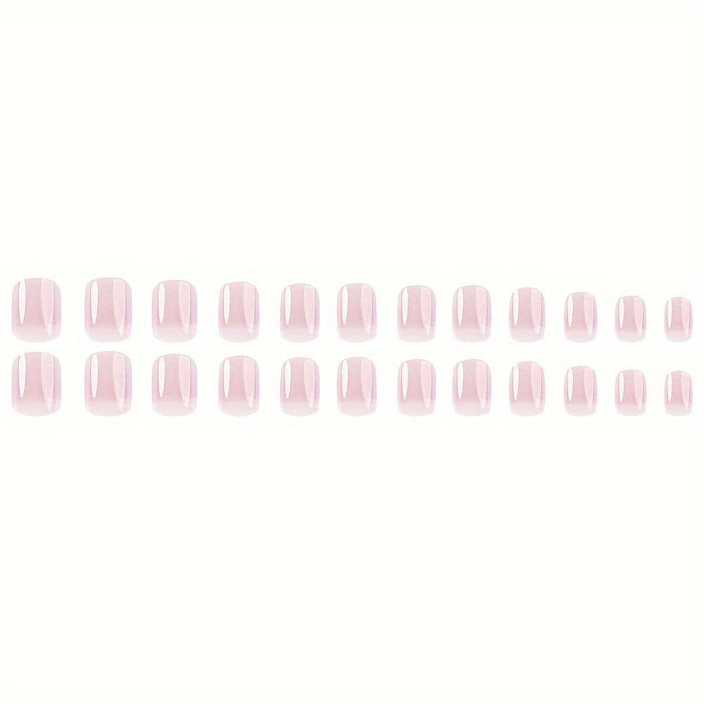 24 Pcs Gradient French Tips Press-On Nails, Glossy Short Squoval Acrylic Artificial Nails, Pink And White Reusable Fake Nails Set With Adhesive Tabs