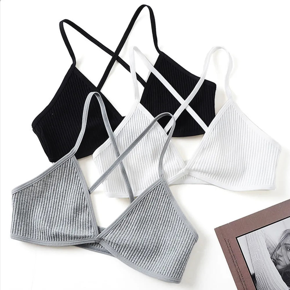 Comfort Cotton Bras for Women - Thin Sport Style Unlined Bralette with Sexy Deep V & Cross Back