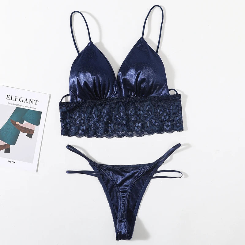 Floral Lace Women's Sexy Backless Bra & Thong Panties Lingerie Set - Deep V Bralette