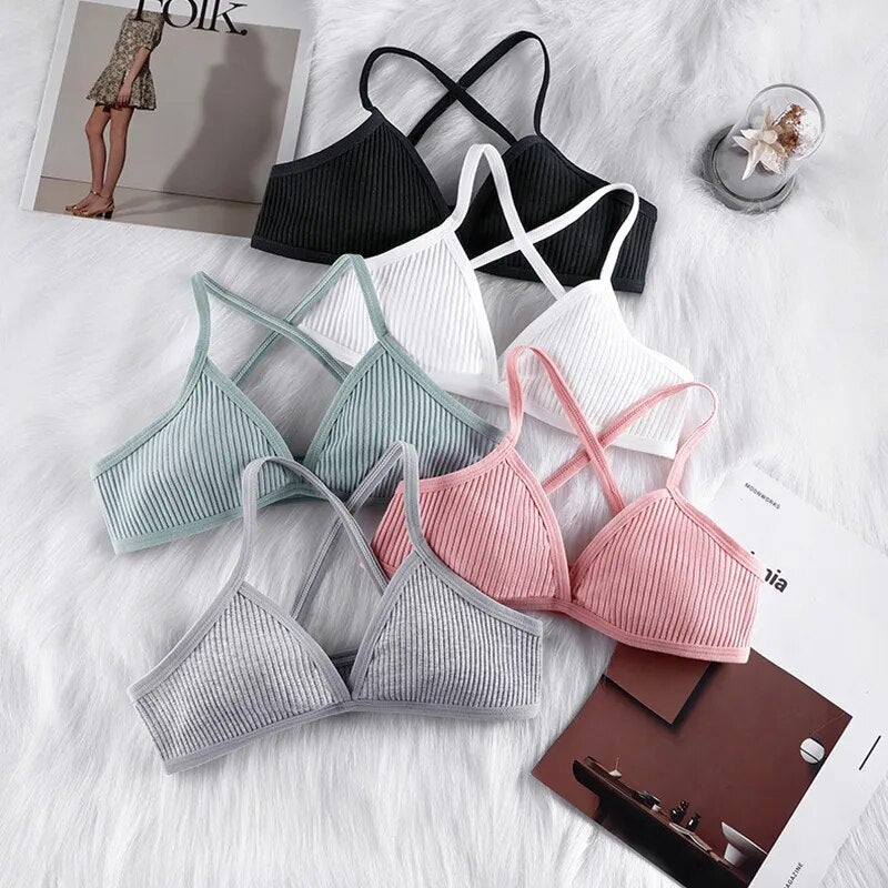 Comfort Cotton Bras for Women - Thin Sport Style Unlined Bralette with Sexy Deep V & Cross Back