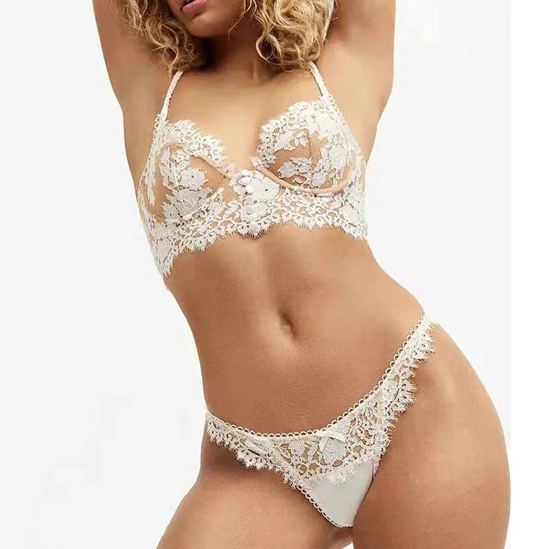 Aduloty 2025 New Eyelash Bow Lace Flower Bra Set Women's Sexy Underwear Thong Suit Mesh Underwire Lingerie Set