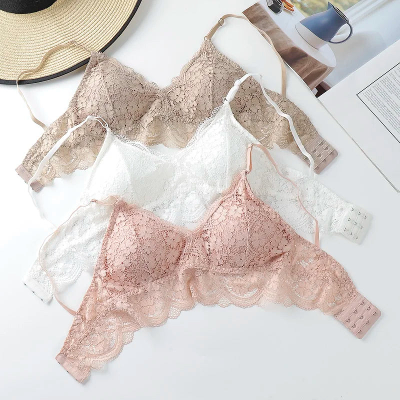 Women's Floral Lace Bralette - Wire Free, Soft Underwear, Sexy Lingerie, Push Up Bra