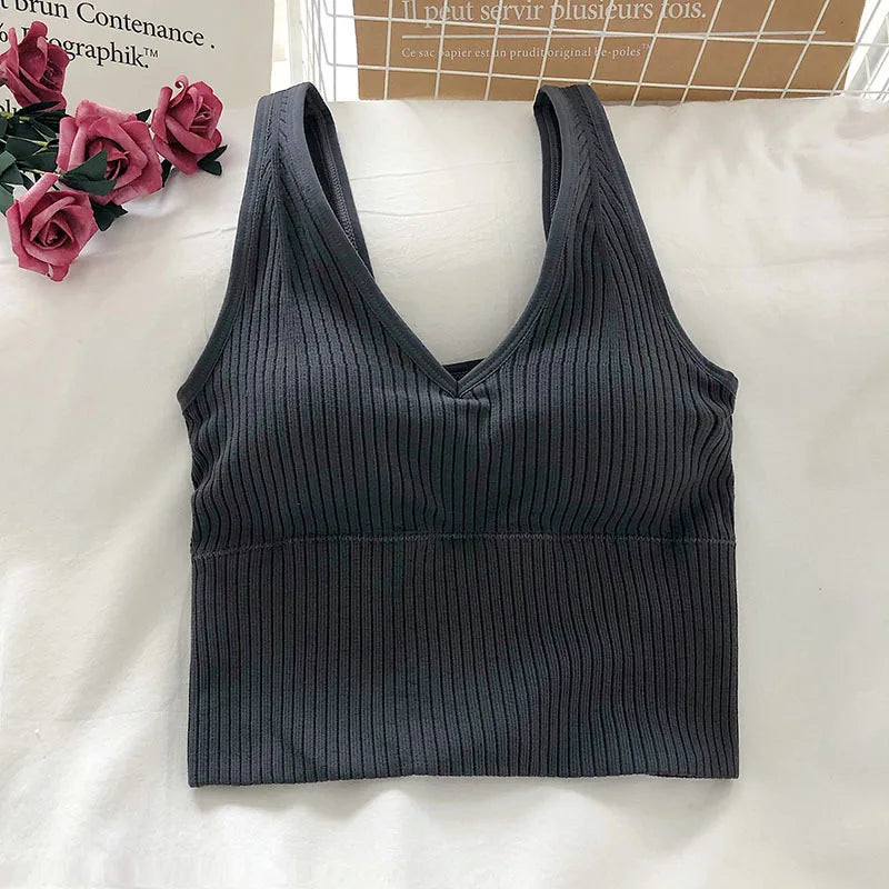 V Neck Women's Tank Crop Tops - Sexy Knitted & Seamless Lingerie - Streetwear Cropped Tee with Padding