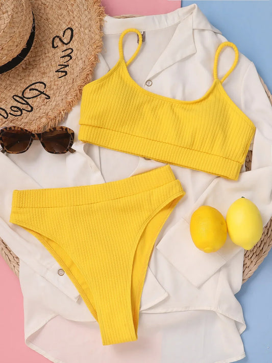 Sexy Solid Yellow Bikini 2025 Mujer - High Cut, Pleated, High Waist Women's Swimwear