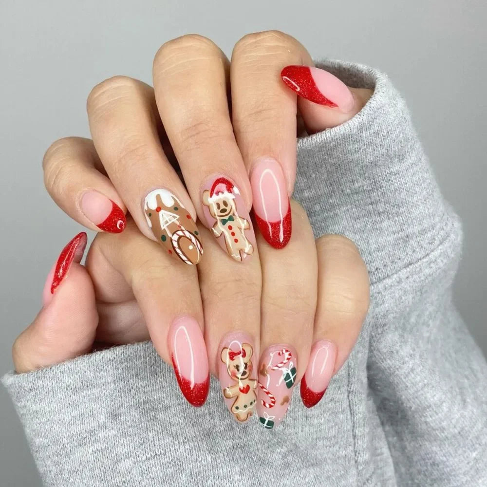 24pcs Christmas False Nail Long Ballet Nail Extension Full Cover Manicure Gingerbread Man Wearable Press On Fake Nail Nail Decor