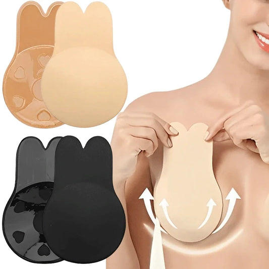 Sujetador invisible push up de silicona sin tirantes para mujer, reutilizable, autoadhesivo, con cubrepezones de conejo.