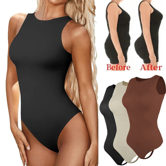 Body sin mangas con escote redondo para mujer: moldeador con tanga, moldeador de cintura y control de abdomen.