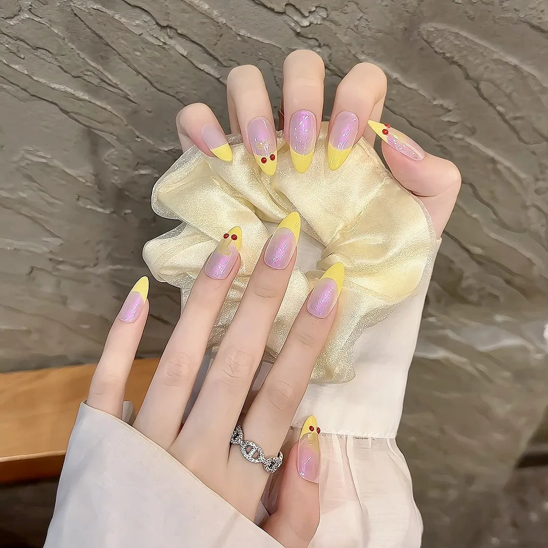 Handmade Press on Nails Cute Bear Fake Nails 3D Strawberry Design Sweet Yellow French False Nails Girl Lady Wearable Full Cover