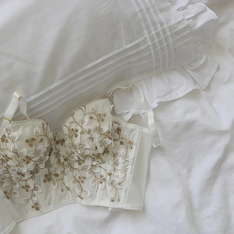 Sexy dreidimensional bestickter BH mit Spitze, Fischgrätenkorsett, Stahlring – 2/1 Halbschalen-Bralette-Unterwäsche