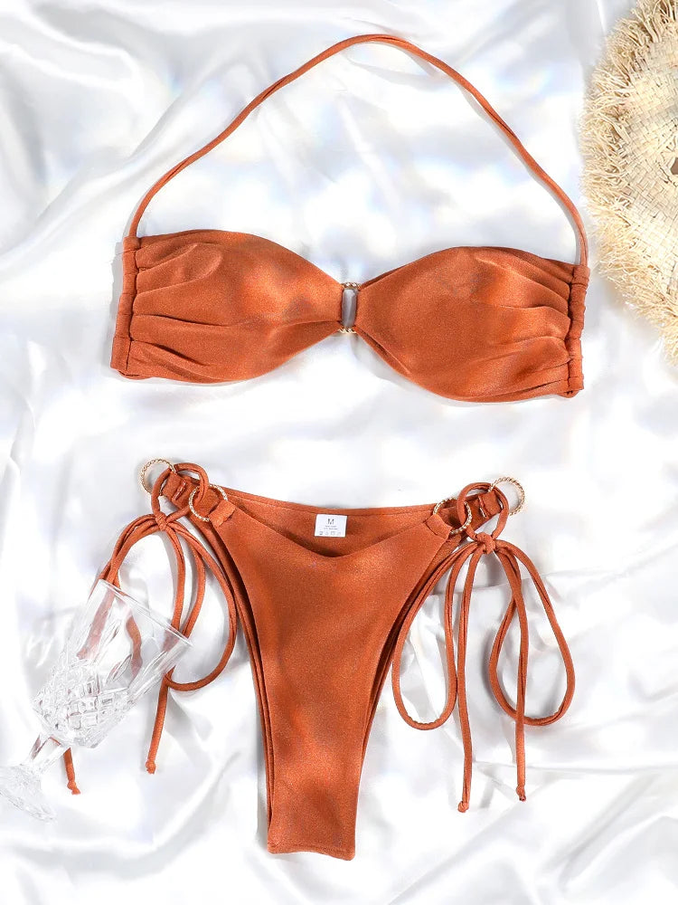 Bikini push up de color liso para mujer: bikini halter, bañador brillante, tanga de playa con banda.