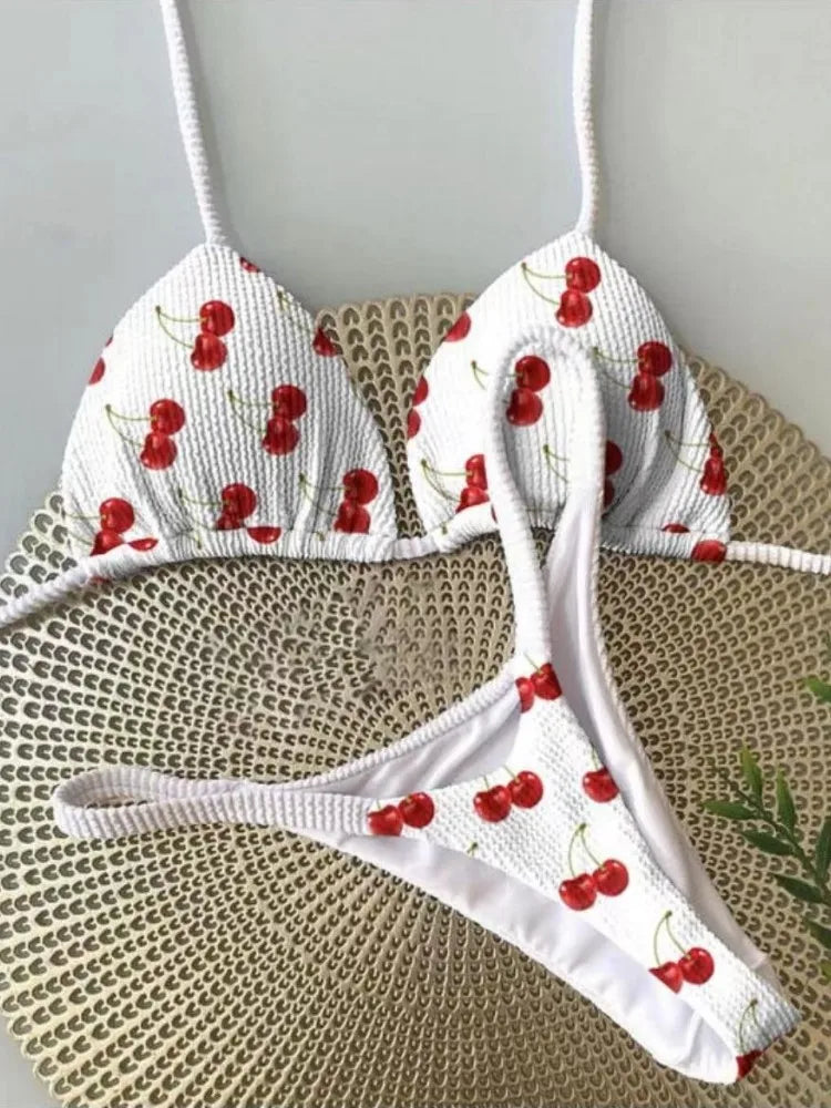 Brasilianisches Tanga-Bikini-Set 2025 mit Kirschen-Print für Damen – Sexy süße Bademode