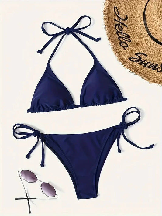 Sexy New Navy Blue Swimwear Thong Bikini Set for Women - Triangle Bandage Bathing Suits