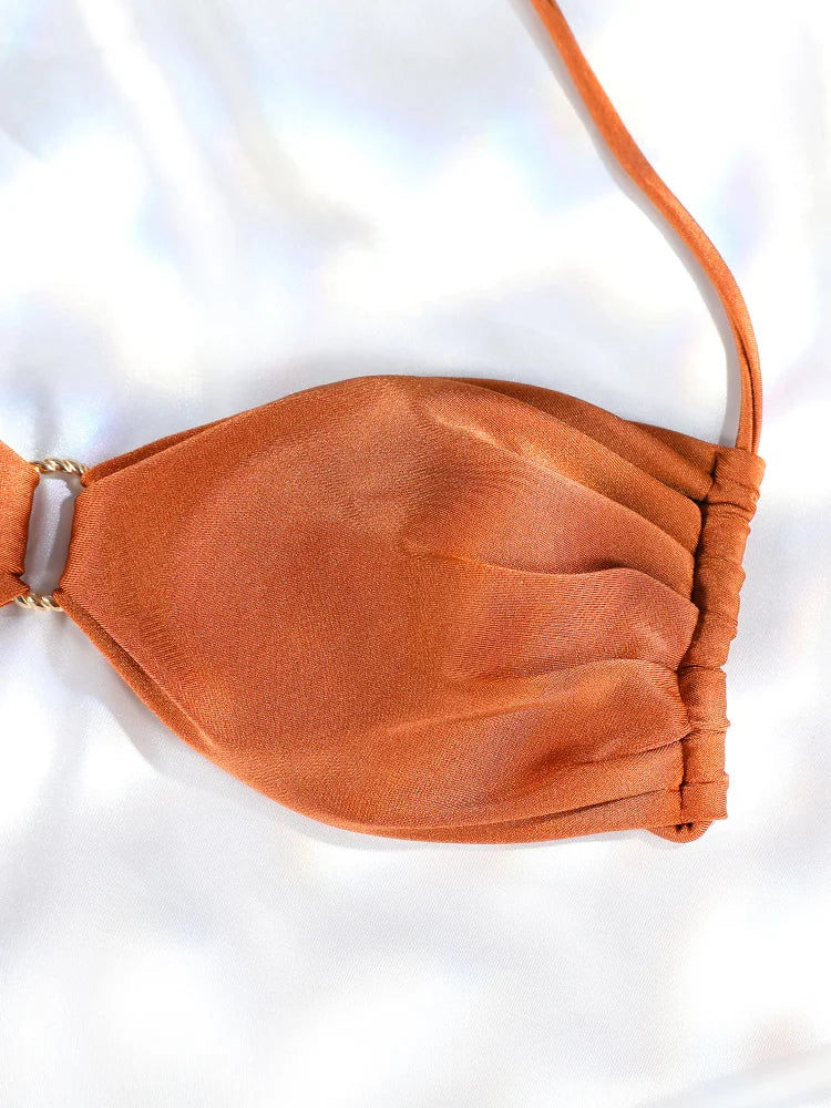 Bikini push up de color liso para mujer: bikini halter, bañador brillante, tanga de playa con banda.