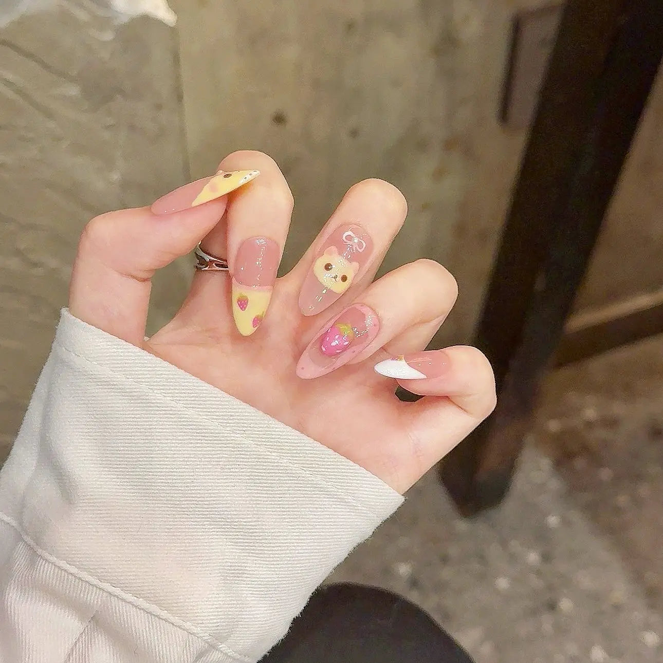 Handmade Press on Nails Cute Bear Fake Nails 3D Strawberry Design Sweet Yellow French False Nails Girl Lady Wearable Full Cover