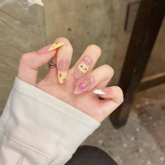Handmade Press on Nails Cute Bear Fake Nails 3D Strawberry Design Sweet Yellow French False Nails Girl Lady Wearable Full Cover