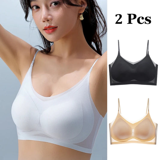 Sujetador ultrafino de seda helada sin costuras para mujer (2 piezas): bralette sin aros, tirantes con espalda descubierta, tallas M-4XL