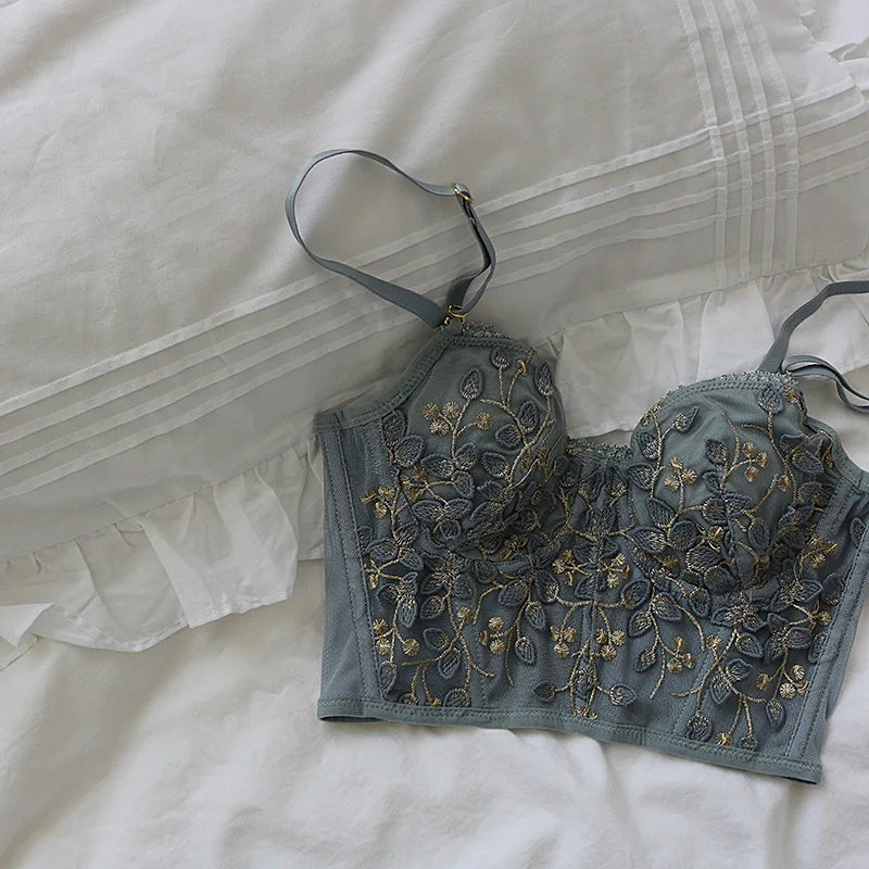 3D Embroidered Sexy Lace Fish Bone Corset Bralette with Steel Ring - 2/1 Half Cup Underwear