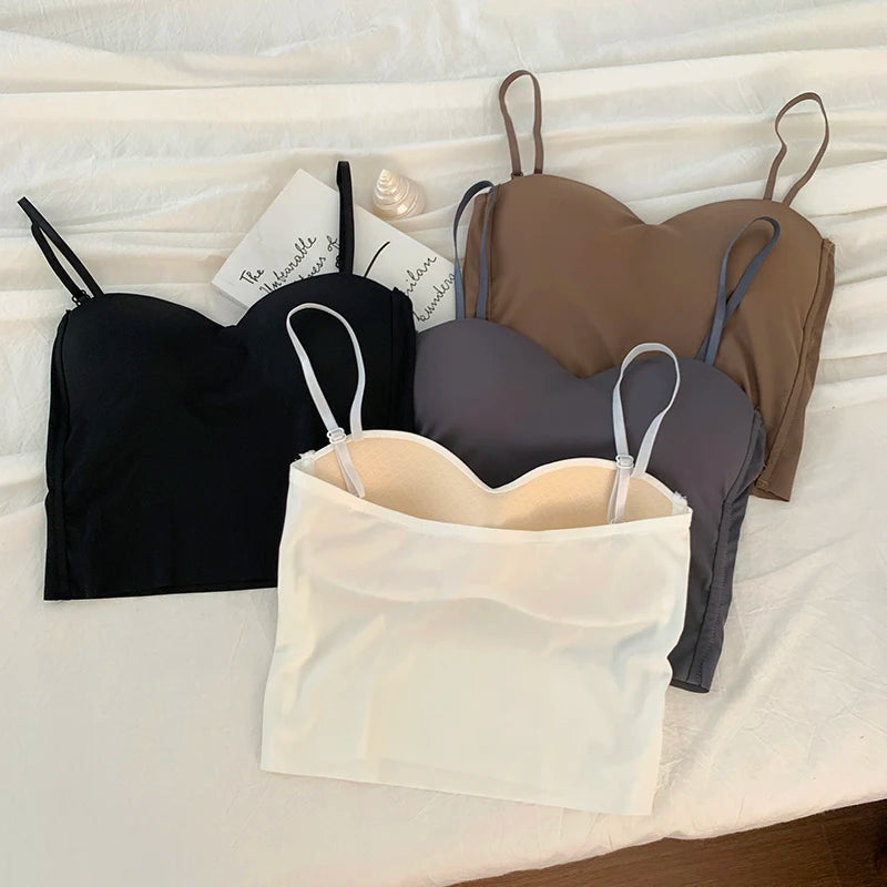 ITOOLIN - Camisetas sin espalda de moda, lindas camisetas cortas para mujer, camisola elástica delgada de seda helada, camisola de espagueti para mujer con almohadilla de sujetador
