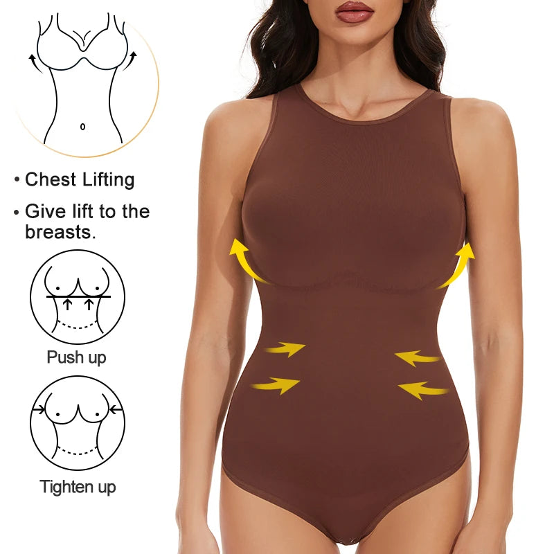 Body sin mangas con escote redondo para mujer: moldeador con tanga, moldeador de cintura y control de abdomen.