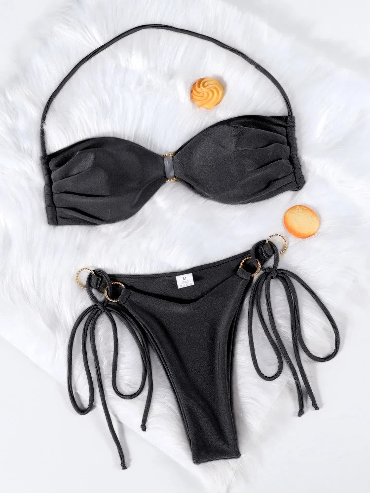 Bikini push up de color liso para mujer: bikini halter, bañador brillante, tanga de playa con banda.