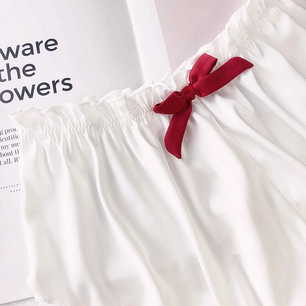 Braguitas de satén de seda sintética para mujer, ropa interior con volantes, bragas suaves, pijamas cortos, bragas lisas para mujer