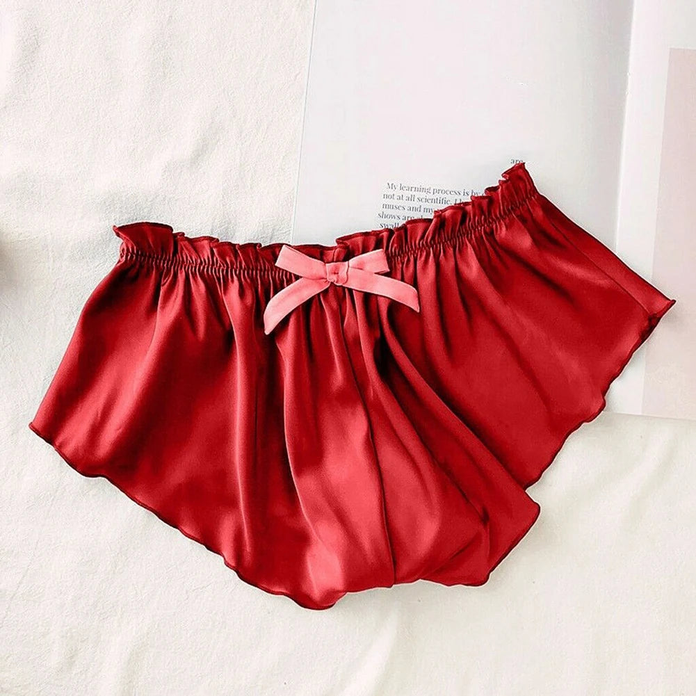 Braguitas de satén de seda sintética para mujer, ropa interior con volantes, bragas suaves, pijamas cortos, bragas lisas para mujer