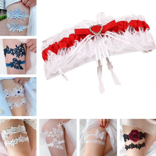 Wedding Garter - Sexy Elastic Rhinestone Lace Leg Garter Belt with Ribbon Bow Suspender Thigh Harness, Ideal for Bride & Party
