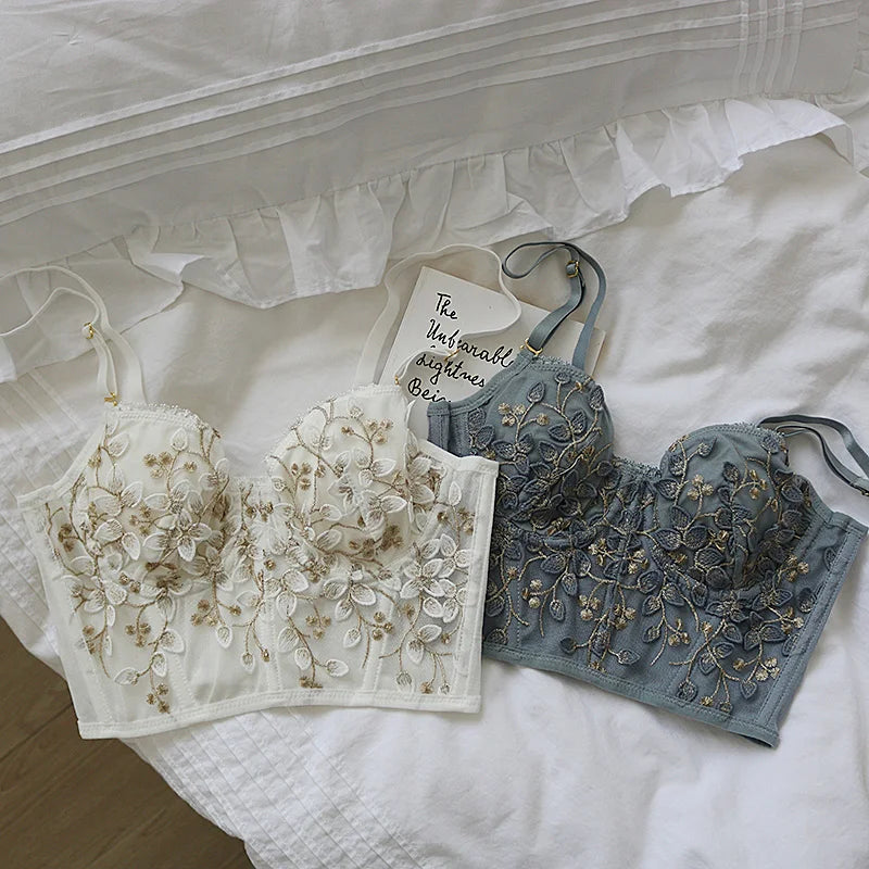3D Embroidered Sexy Lace Fish Bone Corset Bralette with Steel Ring - 2/1 Half Cup Underwear